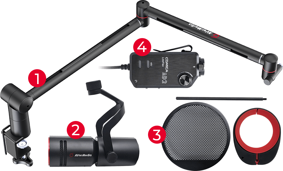 BA311多功能支架 + AM330動圈式麥克風 + BA310收音防噴網 + 音軌轉接器