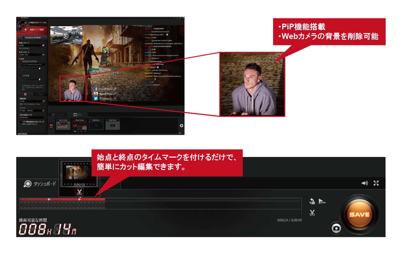 簡単設定、配信画面のカスタマイズが可能な専用ソフト「RECentral 3」付属