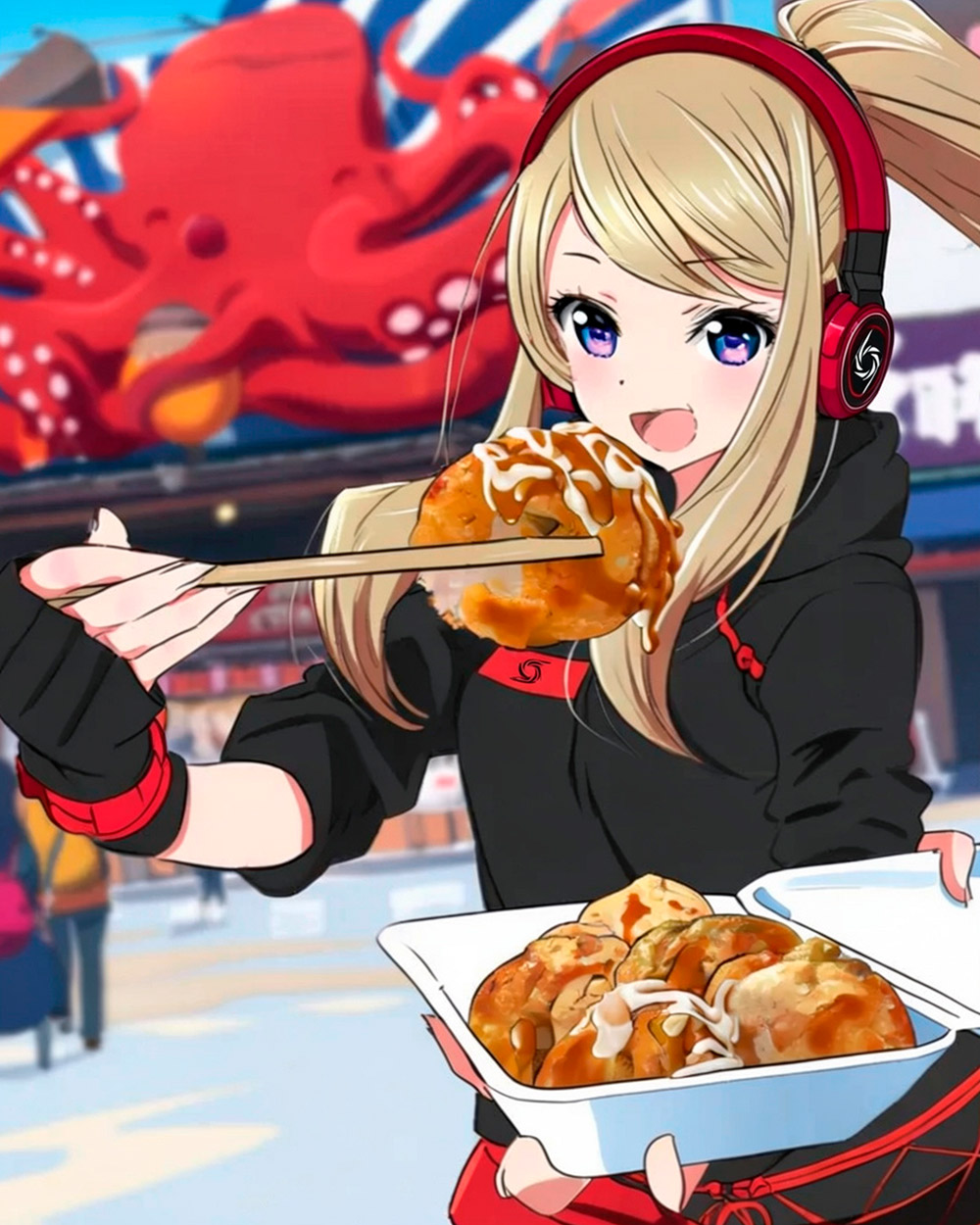 Elena eating Takoyaki in Japan