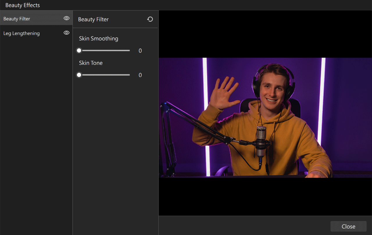 Streaming Center’s built-in beauty filters and leg-lengthening adjustment allows you to enhance your on-screen presence and look your best.