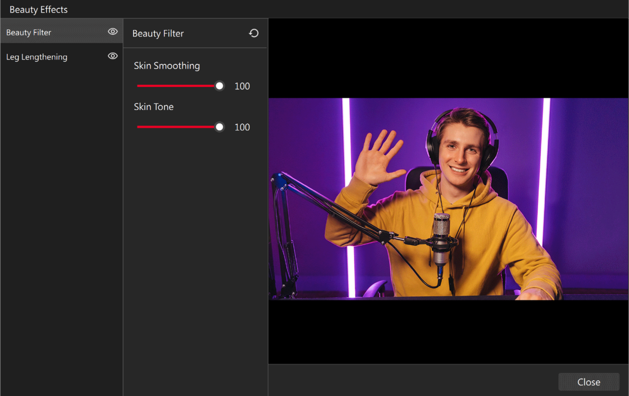Streaming Center’s built-in beauty filters and leg-lengthening adjustment allows you to enhance your on-screen presence and look your best.